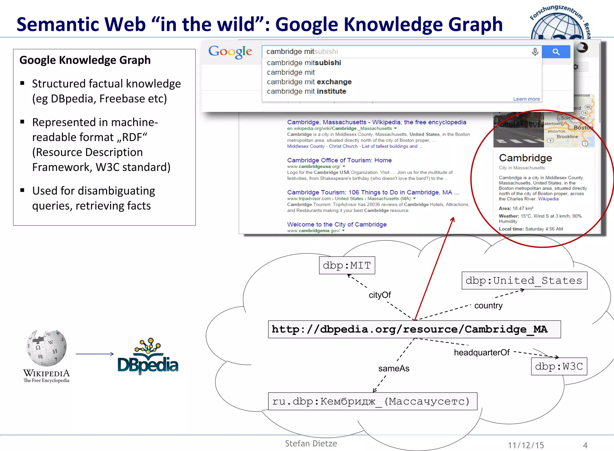 Google Knowledge Graph
 Structured factual knowledge
(eg DBpedia, Freebase etc)
 Represented in machine-
readable format „RDF“
(Resource Description
Framework, W3C standard)
 Used for disambiguating
queries, retrieving facts
dbp:United_States
http://dbpedia.org/resource/Cambridge_MA
dbp:W3C
country
cityOf
dbp:MIT
ru.dbp:Кембридж_(Массачусетс)
sameAs
headquarterOf
Semantic Web “in the wild”: Google Knowledge Graph
11/12/15 4Stefan Dietze
 