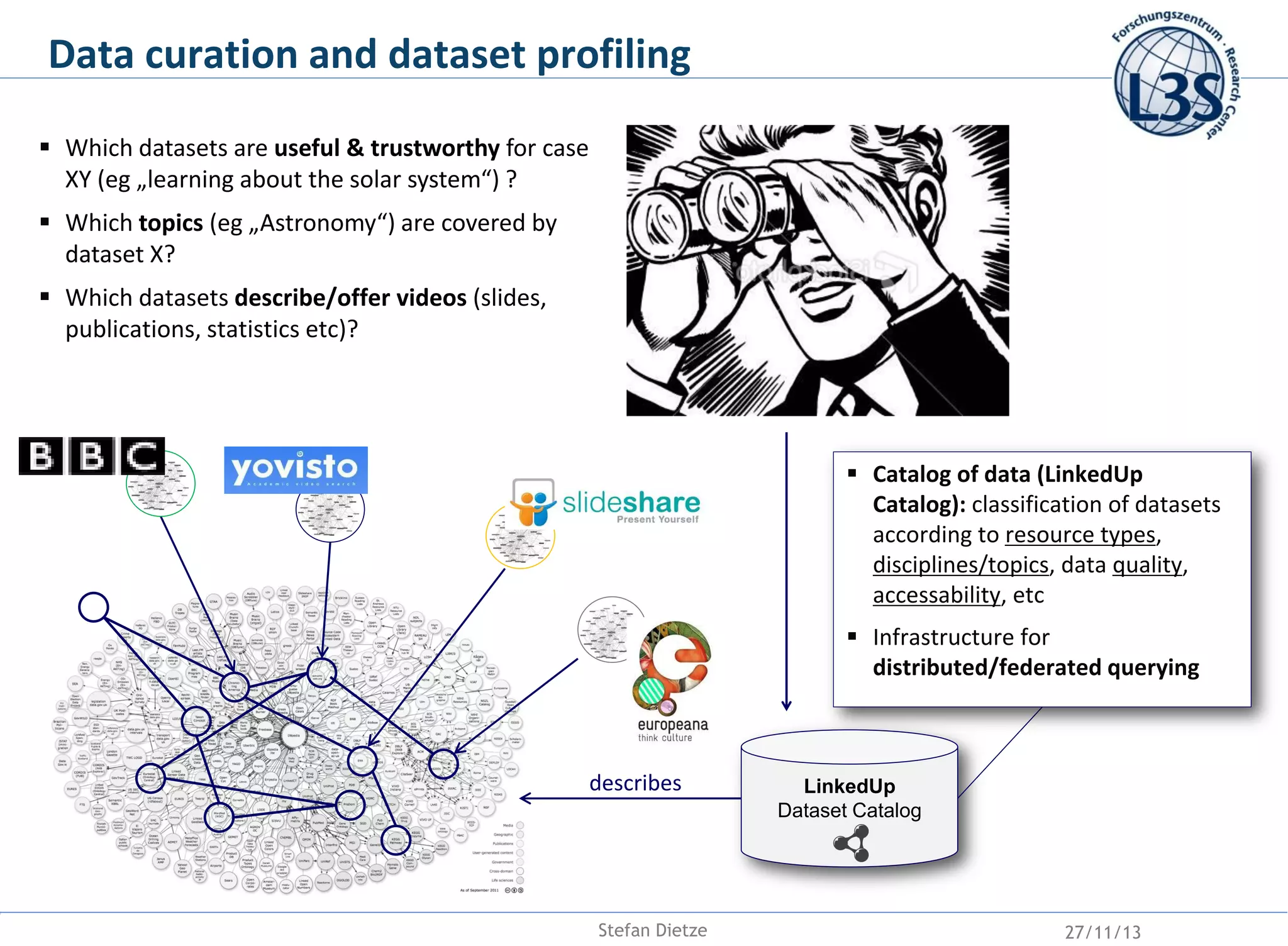 Data curation and dataset profiling
 Which datasets are useful & trustworthy for case
XY (eg „learning about the solar system“) ?
 Which topics (eg „Astronomy“) are covered by
dataset X?
 Which datasets describe/offer videos (slides,
publications, statistics etc)?

 Catalog of data (LinkedUp
Catalog): classification of datasets
according to resource types,
disciplines/topics, data quality,
accessability, etc

 Infrastructure for
distributed/federated querying

describes

Stefan Dietze

LinkedUp
Dataset Catalog

27/11/13

 