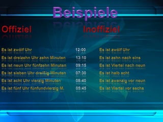 BeispieleOffizielInoffizielEs istzwölfUhr12:00	Es istzwölfUhrEs istdreizehnUhrzehn Minuten	        13:10Es istzehnnacheinsEs istneunUhrfünfzehn Minuten	        09:15Es istViertelnachneunEs istsiebenUhrdreißig Minuten	        07:30Es isthalbachtEs istachtUhrvierzig Minuten	        08:40Es istzwanzigvorneunEs istfünfUhrfünfundvierzig M.	        05:45Es istViertelvorsechs