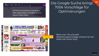 100
Fabian Gmeindl
Die Google Suche bringt
700k Vorschläge für
Optimierungen
Wenn man 150 und mehr
Optimierungsvorschläge umsetzt hat man
direkt solch einen Shop
 