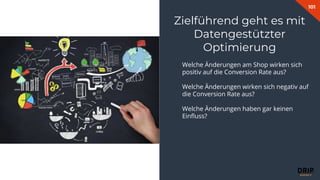 101
Fabian Gmeindl
Zielführend geht es mit
Datengestützter
Optimierung
Welche Änderungen am Shop wirken sich
positiv auf die Conversion Rate aus?
Welche Änderungen wirken sich negativ auf
die Conversion Rate aus?
Welche Änderungen haben gar keinen
Einﬂuss?
 