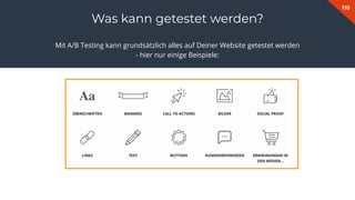 110
Fabian Gmeindl
Was kann getestet werden?
Mit A/B Testing kann grundsätzlich alles auf Deiner Website getestet werden
- hier nur einige Beispiele:
 