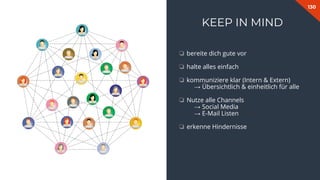 130
KEEP IN MIND
❏ bereite dich gute vor
❏ halte alles einfach
❏ kommuniziere klar (Intern & Extern)
→ Übersichtlich & einheitlich für alle
❏ Nutze alle Channels
→ Social Media
→ E-Mail Listen
❏ erkenne Hindernisse
 