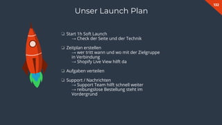 132
Unser Launch Plan
❏ Start 1h Soft Launch
→ Check der Seite und der Technik
❏ Zeitplan erstellen
→ wer tritt wann und wo mit der Zielgruppe
in Verbindung
→ Shopify Live View hilft da
❏ Aufgaben verteilen
❏ Support / Nachrichten
→ Support Team hilft schnell weiter
→ reibungslose Bestellung steht im
Vordergrund
 