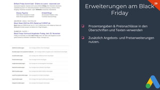 29
❏ Prozentangaben & Preisnachlässe in den
Überschriften und Texten verwenden
❏ Zusätzlich Angebots- und Preiserweiterungen
nutzen.
Erweiterungen am Black
Friday
 