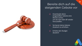 33
❏ Downloade deine
eingestellten Gebote eine
Woche vorher,
um sie nach dem BF wieder
herzustellen.
❏ Sei bereit deine Gebote
drastisch zu erhöhen.
❏ Erhöhe dein Budget
deutlich!
Bereite dich auf die
steigenden Gebote vor
 