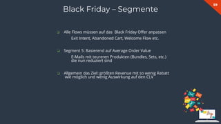 59
Black Friday – Segmente
❏ Alle Flows müssen auf das Black Friday Oﬀer anpassen
Exit Intent, Abandoned Cart, Welcome Flow etc.
❏ Segment 5: Basierend auf Average Order Value
E-Mails mit teureren Produkten (Bundles, Sets, etc.)
die nun reduziert sind
❏ Allgemein das Ziel: größten Revenue mit so wenig Rabatt
wie möglich und wenig Auswirkung auf den CLV
 