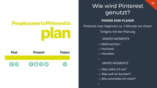 77
→ Was ziehe ich an?
→ Was soll ich kochen?
→ Wie schminke ich mich?
…
Wie wird Pinterest
genutzt?
PINNER SIND PLANER
Pinterest User beginnen ca. 3 Monate vor einem
Ereignis mit der Planung
MAKRO-MOMENTE
→ Weihnachten
→ Hochzeit
→ Hausbau
…
MIKRO-MOMENTE
 