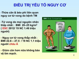 8
ĐIỀU TRỊ YẾU TỐ NGUY CƠ
-Thừa cân & béo phì liên quan
nguy cơ tử vong do bệnh TM
-Tử vong do mọi nguyên nhân
thấp nhất :...