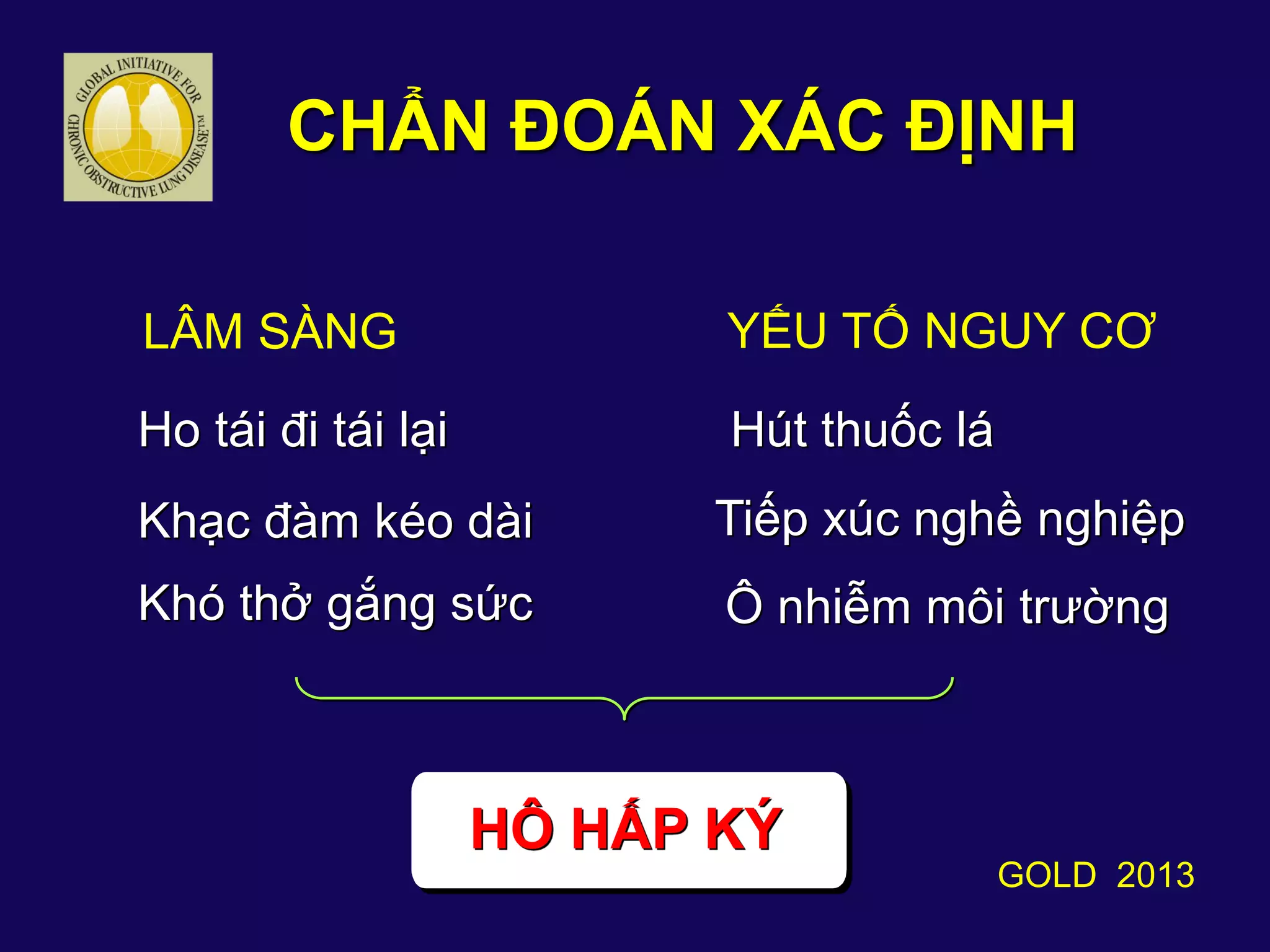 LÂM SÀNG
Ho tái đi tái lại
Khạc đàm kéo dài
Khó thở gắng sức
YẾU TỐ NGUY CƠ
Hút thuốc lá
Tiếp xúc nghề nghiệp
Ô nhiễm môi trƣờng
HÔ HẤP KÝ
CHẨN ĐOÁN XÁC ĐỊNH
GOLD 2013
 