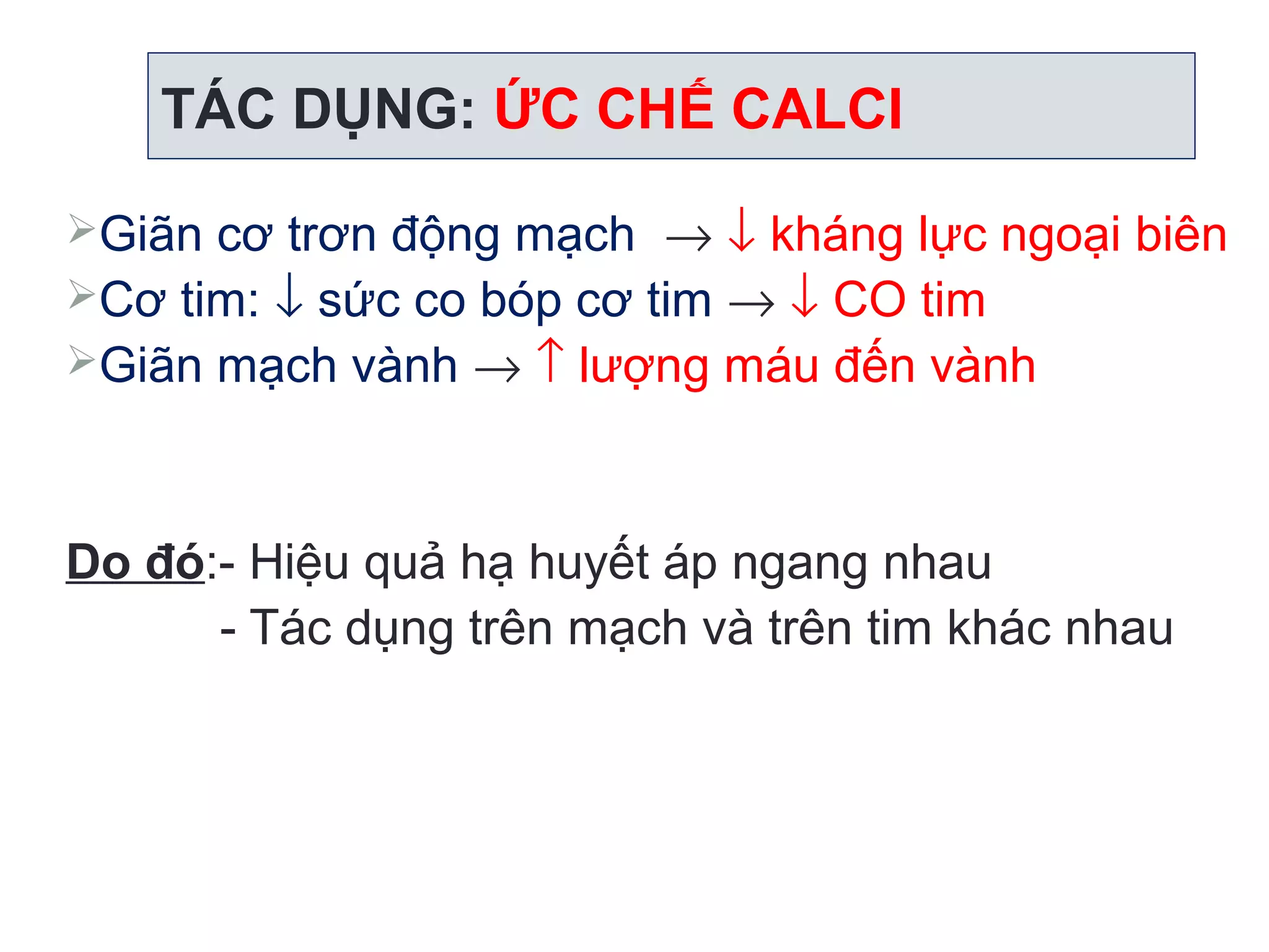 TÁC DỤNG: ỨC CHẾ CALCI
Giãn cơ trơn động mạch → ↓ kháng lực ngoại biên
Cơ tim: ↓ sức co bóp cơ tim → ↓ CO tim
Giãn mạch vành → ↑ lượng máu đến vành
Do đó:- Hiệu quả hạ huyết áp ngang nhau
- Tác dụng trên mạch và trên tim khác nhau
 