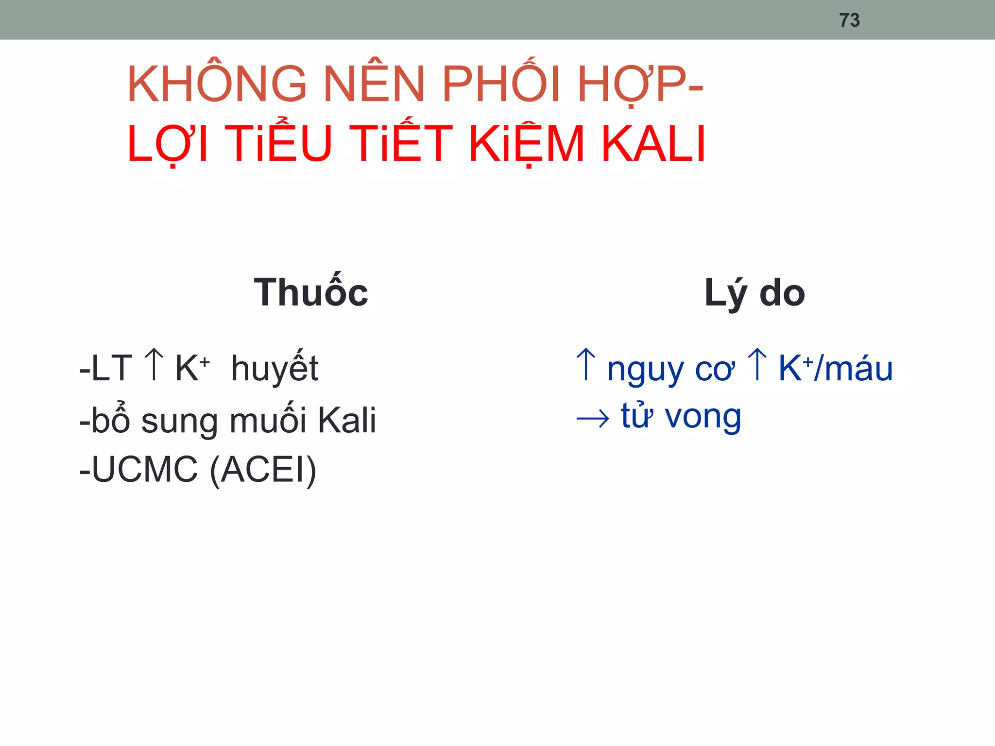73
KHÔNG NÊN PHỐI HỢP-
LỢI TiỂU TiẾT KiỆM KALI
Thuốc Lý do
-LT ↑ K+
huyết
-bổ sung muối Kali
-UCMC (ACEI)
↑ nguy cơ ↑ K+
/máu
→ tử vong
 