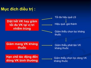 Diệt hết VK hay giảm
tối đa VK tại vị trí
nhiễm trùng
Giảm mang VK kháng
thuốc
Hạn chế tác động đến
dòng VK bình thường
Tố...