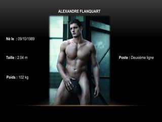ALEXANDRE FLANQUART




Né le : 09/10/1989



Taille : 2.04 m                            Poste : Deuxième ligne



Poids : 102 kg
 