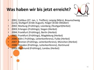 Was haben wir bis jetzt erreicht? 2001: Cottbus (27. Jan, 1. Treffen), Leipzig (März), Braunschweig (Juni), Stuttgart (Ende August), Haiger (Ende Oktober) 2002: Marburg (Frühlings), Leonberg /Stuttgart(Herbst) 2003: Erlangen (Frühlings), Siegen (Herbst) 2004: Frankfurt (Frühlings), Berlin (Herbst) 2005: Frankfurt (Frühlings), Magdeburg (Herbst) 2006: Köln ( Frühlings, Leiterkonferenz), Fulda (Herbst) 2007: Bremen (Frühlings, Leiterkonferenz), München (Herbst) 2008: Dresden (Frühlings, Leiterkonferenz), Dortmund 2009: Dortmund  (Frühlings), Landau (Herbst) 