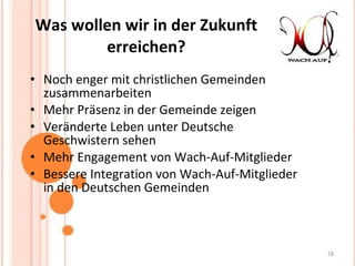 Was wollen wir in der Zukunft erreichen? Noch enger mit christlichen Gemeinden zusammenarbeiten Mehr Präsenz in der Gemeinde zeigen Veränderte Leben unter Deutsche Geschwistern sehen Mehr Engagement von Wach-Auf-Mitglieder Bessere Integration von Wach-Auf-Mitglieder in den Deutschen Gemeinden 