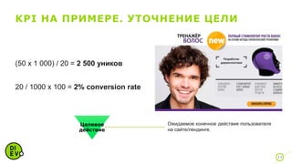 KPI НА ПРИМЕРЕ. УТОЧНЕНИЕ ЦЕЛИ
13
Показы
Охват
Взаимодействие
Целевое
действие
Ожидаемое конечное действие пользователя
на сайте/лендинге.
(50 x 1 000) / 20 = 2 500 уников
20 / 1000 х 100 = 2% conversion rate
 