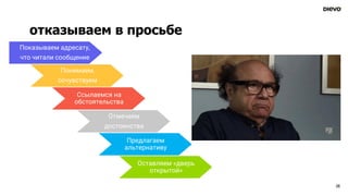 отказываем в просьбе
28
Показываем адресату,
что читали сообщение
Понимаем,
сочувствуем
Отмечаем
достоинства
Ссылаемся на
обстоятельства
Предлагаем
альтернативу
Оставляем «дверь
открытой»
 