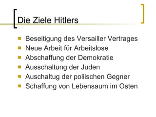 Die Ziele Hitlers Beseitigung des Versailler Vertrages Neue Arbeit für Arbeitslose Abschaffung der Demokratie Ausschaltung der Juden Auschaltug der poliischen Gegner Schaffung von Lebensaum im Osten 