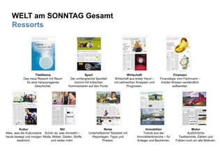 6
WELT am SONNTAG Gesamt
Ressorts
Titelthema
Das neue Ressort mit Raum
für eine herausragende
Geschichte.
Wirtschaft
Wirtschaft aus erster Hand –
mit zahlreichen Analysen und
Prognosen.
Sport
Der umfangreiche Sportteil
kommt mit kritischen
Kommentaren auf den Punkt.
Finanzen
Finanztipps vom Fachmann -
Insider-Wissen verständlich
aufbereitet.
Stil
Schön ist, was drinsteht –
Mode, Möbel, Garten, Stoffe
und vieles mehr.
Kultur
Alles, was die Kulturszene
heute bewegt und morgen
bestimmt.
Reise
Unterhaltsamer Reiseteil mit
Reportagen, Tipps und
Preisen.
Immobilien
Trends aus der
Immobilienbranche – für
Anleger und Bauherren.
Motor
Ausführliche
Testberichte, Zahlen und
Fakten rund um alle Motoren.
 