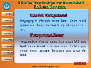 Mengungkapkan informasi secara lisan dalam bentuk
paparan atau dialog sederhana tetang kehidupan seharihari.
Menyampaikan informasi secara lisan dengan lafal yang
tepat dalam kalimat sederhana sesuai konteks yang
mencerminkan kecakapan berbahasa yang santun dan
tepat.

 