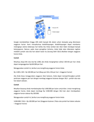Google membolehkan hingga 20% lebih banyak klik dalam sehari daripada yang ditentukan anggaran harian. Kami menyebutnya kelebihtayangan. Kelebihtayangan dapat membantu melengkapi selama beberapa hari ketika lalu lintas lambat dan iklan tidak mendapat banyak keterpaparan. Namun, pada masa penagihan tertentu, Anda tidak akan dikenakan tagihan melebihi jumlah rata-rata hari dalam bulan itu (kurang lebih 30,4) dikalikan dengan anggaran harian Anda. 
Contoh 
Misalnya, biaya klik rata-rata Rp 1.000, dan Anda menginginkan sekitar 100 klik per hari. Anda dapat menganggarkan Rp100.000 per hari. 
Menggunakan contoh ini, berikut cara menghitung anggaran harian Anda: 
Rp 1.000 x 100 = Rp 100.000 per hari (Biaya per klik x Klik per hari = Anggaran harian) 
Jika Anda biasa menggunakan anggaran iklan bulanan, Anda dapat memperhitungkan jumlah perkiraan anggaran per hari dengan membagi anggaran bulanan dengan 30,4 - jumlah rata-rata hari dalam sebulan. 
Contoh 
Misalkan biasanya Anda membelanjakan Rp 3.040.000 per bulan untuk iklan. Untuk menghitung anggaran harian, Anda dapat membagi Rp 3.040.000 dengan 30,4 dan akan mendapatkan anggaran harian sebesar Rp 100.000. 
Menggunakan contoh ini, berikut cara menghitung anggaran harian Anda: 
3.040.000 / 30,4 = Rp 100.000 per hari (Anggaran bulanan / Rata-rata jumlah hari dalam sebulan = Anggaran harian)  