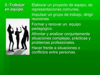 5.-Trabajar   Elaborar un proyecto de equipo, de
en equipo.    representaciones comunes.
              Impulsar un grupo de trabajo, dirigir
              reuniones.
              Formar y renovar un equipo
              pedagógico.
              Afrontar y analizar conjuntamente
              situaciones complejas, prácticas y
              problemas profesionales.
              Hacer frente a situaciones o
              conflictos entre personas.
 