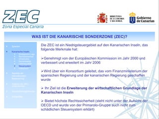 WAS IST DIE KANARISCHE SONDERZONE (ZEC)?

Spanien                    Die ZEC ist ein Niedrigsteuergebiet auf den Kanarischen Inseln, das
                           folgende Merkmale hat:
Kanarische Inseln.
       Strategische Lage
       Rechtssicherheit
       Infrastruktur         Genehmigt von der Europäischen Kommission im Jahr 2000 und
       Humankapital
       Lebensqualität      verbessert und erweitert im Jahr 2006
       Steuersystem
       Indikatoren

Aspekte der
                             Wird über ein Konsortium geleitet, das vom Finanzministerium der
internationalen            spanischen Regierung und der kanarischen Regierung geschaffen
Besteuerung
                           wurde
Analyse der ZEC-
Unternehmen
                             Ihr Ziel ist die Erweiterung der wirtschaftlichen Grundlage der
Geschäftsmöglichkeiten
                           Kanarischen Inseln
Erfolgsfälle

                             Bietet höchste Rechtssicherheit (steht nicht unter der Aufsicht der
                           OECD und wurde von der Primarolo-Gruppe auch nicht zum
                           schädlichen Steuersystem erklärt)
 