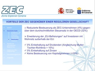 VORTEILE DER ZEC GEGENÜBER EINER REGULÄREN GESELLSCHAFT

Spanien                      Reduzierte Besteuerung als ZEC-Unternehmen (4%) gegen-
Kanarische Inseln.         über dem durchschnittlichen Steuersatz in der OECD (32%)
       Strategische Lage
       Rechtssicherheit
       Infrastruktur
       Humankapital         Erweiterung der „EU-Befreiungen” auf Investoren mit
       Lebensqualität
       Steuersystem        Wohnsitz außerhalb der EU:
       Indikatoren

Aspekte der
internationalen              0% Einbehaltung auf Dividenden (Angleichung Mutter-
Besteuerung
                             Tochter-Richtlinie > 10%)
Analyse der ZEC-
Unternehmen                  0% Einbehaltung auf Zinsen
Geschäftsmöglichkeiten
                             Keine Besteuerung von Kapitalgewinnen (<25%)
Erfolgsfälle
 