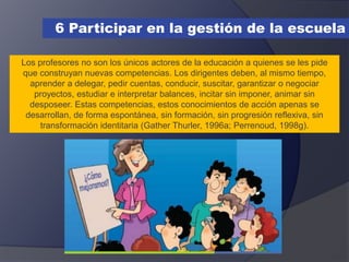 6 Participar en la gestión de la escuela
Los profesores no son los únicos actores de la educación a quienes se les pide
que construyan nuevas competencias. Los dirigentes deben, al mismo tiempo,
aprender a delegar, pedir cuentas, conducir, suscitar, garantizar o negociar
proyectos, estudiar e interpretar balances, incitar sin imponer, animar sin
desposeer. Estas competencias, estos conocimientos de acción apenas se
desarrollan, de forma espontánea, sin formación, sin progresión reflexiva, sin
transformación identitaria (Gather Thurler, 1996a; Perrenoud, 1998g).
 