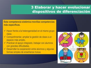 3 Elaborar y hacer evolucionar
dispositivos de diferenciación
Esta competencia sistémica moviliza competencias
más específicas.
 Hacer frente a la heterogeneidad en el mismo grupo
clase.
 Compartimentar, ampliar la gestión de clase a un
espacio más amplio.
 Practicar el apoyo integrado, trabajar con alumnos
con grandes dificultades.
 Desarrollar la cooperación entre alumnos y algunas
formas simples de enseñanza mutua.
 