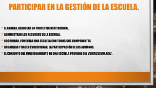 PARTICIPAR EN LA GESTIÓN DE LA ESCUELA.
• ELABORAR, NEGOCIAR UN PROYECTO INSTITUCIONAL.
• ADMINISTRAR LOS RECURSOS DE LA ESCUELA.
• COORDINAR, FOMENTAR UNA ESCUELA CON TODOS SUS COMPONENTES.
• ORGANIZAR Y HACER EVOLUCIONAR, LA PARTICIPACIÓN DE LOS ALUMNOS.
• EL CONJUNTO DEL FUNCIONAMIENTO DE UNA ESCUELA PROVIENE DEL CURRICULUM REAL .
 