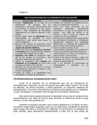 Cuadro 4

               DOS CONCEPCIONES DE LA EXPERIENCIA EN EVALUACIÓN
              Experiencia tradicional                               Experiencia nueva
•   Evaluar rápidamente, en la fase de la          •   Analizar con precisión los objetivos de un
    planificación    de    pruebas,     de    su       año o un módulo de enseñanza.
    composición, corrección, determinación de      •   Tener una clara conciencia de los
    los baremos, la atribución de las notas.           conceptos       trabajados,     aprendizajes
    Llevar a cabo enseguida las inevitables            favorecidos y lo que se ha dejado en la
    negociaciones con algunos alumnos o sus            sombra —por falta de tiempo o de
    padres.                                            interés— y por lo tanto no puede ser
•   Evaluar según todas las apariencias de la          evaluado de forma apropiada.
    imparcialidad,    la  seriedad,    el  rigor   •   Servirse de la evaluación para diagnosticar
    comprensivo (¡ser severo pero justo, a             las dificultades individuales y remediarlas
    veces indulgente!).                                rápidamente mediante una pedagogía
•   Servirse del sistema de evaluación para            diferenciada o la llamada de maestros de
    obtener la cooperación de los alumnos y su         apoyo u otros interventores externos.
    respeto del contrato didáctico.                •   Hacer el balance preciso de los
•   Evaluar de forma que tranquilice o movilice        conocimientos esenciales, para certificar el
    a los padres pero al mismo tiempo tenerlos         nivel de los alumnos al final del itinerario,
    al margen de la gestión de la clase.               cuando aspiran a un título o al acceso a la
•   Conservar una rutina de evaluación más             clase superior u otra escuela.
    allá de los cambios de currículum y los        •   Permitir a los padres entender y seguir los
    discursos reformistas del sistema.                 progresos de su hijo, sin conducirlos a un
•   Utilizar la evaluación para modular la             exceso de especialización.
    progresión en el programa de forma que         •   Dar a los alumnos la oportunidad de
    se saque provecho a final del año.                 autoevaluarse      o   participar     en    su
•   Mantener el nivel de los alumnos y la tasa         evaluación.
    de repetidores, abandono o fracaso en los
    límites «razonables».
•   Limitar las dudas o la culpabilidad que
    acompañan a menudo la evaluación.

¿Profesionalizarse completamente solo?

      ¿Cuál es la reacción de un profesional que lee un referencial de
competencias y describe «lo que se supone que debe saber hacer»? Sin duda
es elaborar, de forma intuitiva, a título personal, un pequeño «balance de
competencia», El primer movimiento es sentirse amenazado por la ineptitud,
«crear complejos» o rechazar este fárrago de enunciados abstractos.

     Este sentimiento puede provocar la tentación de unirse al campo de los
conservadores, por falta de fuerza para afrontar la diferencia entre lo que
somos y lo que nos gustaría ser.

      También se pueden concebir usos menos defectivos si el lector se dice:
no domino todos estos aspectos, pero voy en esta línea, comparto en general
esta imagen del oficio y orientaré mi reflexión, mi formación y mi práctica en
este sentido, para acercarme gradualmente a todo con lo que estoy de


                                                                                                160
 