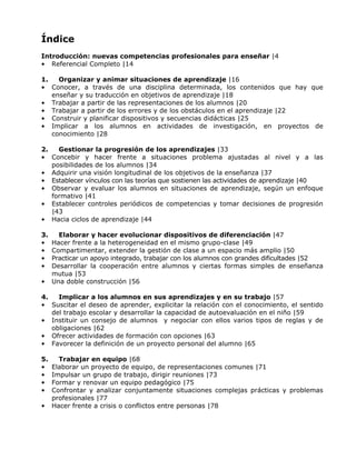 Índice
Introducción: nuevas competencias profesionales para enseñar |4
• Referencial Completo |14

1.   Organizar y animar situaciones de aprendizaje |16
• Conocer, a través de una disciplina determinada, los contenidos que hay que
   enseñar y su traducción en objetivos de aprendizaje |18
• Trabajar a partir de las representaciones de los alumnos |20
• Trabajar a partir de los errores y de los obstáculos en el aprendizaje |22
• Construir y planificar dispositivos y secuencias didácticas |25
• Implicar a los alumnos en actividades de investigación, en proyectos de
   conocimiento |28

2.   Gestionar la progresión de los aprendizajes |33
• Concebir y hacer frente a situaciones problema ajustadas al nivel y a las
   posibilidades de los alumnos |34
• Adquirir una visión longitudinal de los objetivos de la enseñanza |37
• Establecer vínculos con las teorías que sostienen las actividades de aprendizaje |40
• Observar y evaluar los alumnos en situaciones de aprendizaje, según un enfoque
   formativo |41
• Establecer controles periódicos de competencias y tomar decisiones de progresión
   |43
• Hacia ciclos de aprendizaje |44

3.     Elaborar y hacer evolucionar dispositivos de diferenciación |47
•    Hacer frente a la heterogeneidad en el mismo grupo-clase |49
•    Compartimentar, extender la gestión de clase a un espacio más amplio |50
•    Practicar un apoyo integrado, trabajar con los alumnos con grandes dificultades |52
•    Desarrollar la cooperación entre alumnos y ciertas formas simples de enseñanza
     mutua |53
•    Una doble construcción |56

4.   Implicar a los alumnos en sus aprendizajes y en su trabajo |57
• Suscitar el deseo de aprender, explicitar la relación con el conocimiento, el sentido
   del trabajo escolar y desarrollar la capacidad de autoevaluación en el niño |59
• Instituir un consejo de alumnos y negociar con ellos varios tipos de reglas y de
   obligaciones |62
• Ofrecer actividades de formación con opciones |63
• Favorecer la definición de un proyecto personal del alumno |65

5.     Trabajar en equipo |68
•    Elaborar un proyecto de equipo, de representaciones comunes |71
•    Impulsar un grupo de trabajo, dirigir reuniones |73
•    Formar y renovar un equipo pedagógico |75
•    Confrontar y analizar conjuntamente situaciones complejas prácticas y problemas
     profesionales |77
•    Hacer frente a crisis o conflictos entre personas |78
 