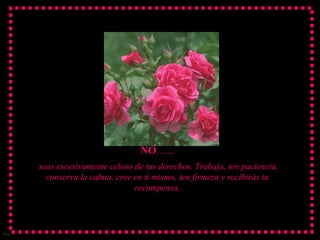 NO ……. seas excesivamente celoso de tus derechos. Trabaja, ten paciencia, conserva la calma, cree en tí mismo, ten firmeza y recibirás tu recompensa. 