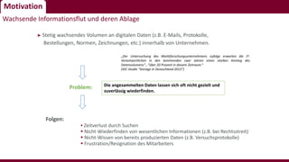Motivation
► Stetig wachsendes Volumen an digitalen Daten (z.B. E-Mails, Protokolle,
Bestellungen, Normen, Zeichnungen, etc.) innerhalb von Unternehmen.
Folgen:
 Zeitverlust durch Suchen
 Nicht-Wiederfinden von wesentlichen Informationen (z.B. bei Rechtsstreit)
 Nicht-Wissen von bereits produzierten Daten (z.B. Versuchsprotokolle)
 Frustration/Resignation des Mitarbeiters
„Der Untersuchung des Marktforschungsunternehmens zufolge erwarten die IT-
Verantwortlichen in den kommenden zwei Jahren einen starken Anstieg des
Datenvolumens“…“über 20 Prozent in diesem Zeitraum.“
(IDC-Studie "Storage in Deutschland 2013“)
Die angesammelten Daten lassen sich oft nicht gezielt und
zuverlässig wiederfinden.
Problem:
Wachsende Informationsflut und deren Ablage
 