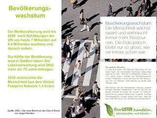 Bevölkerungs-
   wachstum

Die Weltbevölkerung wird bis
2040 nach Schätzungen der
UN von heute 7 Milliarden auf
8,4 Milliarden wachsen und
danach sinken.

Die Hälfte der Bevölkerung
wird in Städten leben. Die
Lebenserwartung wird 2052
mehr als 75 Jahre betragen.

2010 verbrauchte die
Menschheit laut dem Global
Footprint Network 1,4 Erden




Quelle: 2052 – Der neue Bericht an den Club of Rome
        von Jorgen Randers
 