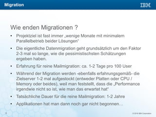 © 2016 IBM Corporation13
Wie enden Migrationen ?
• Projektziel ist fast immer „wenige Monate mit minimalem
Parallelbetrieb beider Lösungen“
• Die eigentliche Datenmigration geht grundsätzlich um den Faktor
2-3 mal so lange, wie die pessimistischsten Schätzungen
ergeben haben.
• Erfahrung für reine Mailmigration: ca. 1-2 Tage pro 100 User
• Während der Migration werden -ebenfalls erfahrungsgemäß- die
Zielserver 1-2 mal aufgestockt (entweder Platten oder CPU /
Memory oder beides), weil man feststellt, dass die „Performance
irgendwie nicht so ist, wie man das erwartet hat“
• Tatsächliche Dauer für die reine Mailmigration: 1-2 Jahre
• Applikationen hat man dann noch gar nicht begonnen…
Migration
 