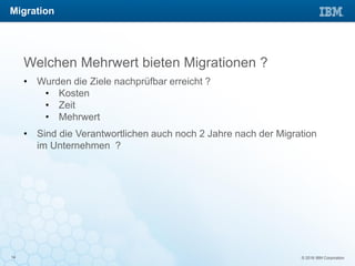 © 2016 IBM Corporation14
Welchen Mehrwert bieten Migrationen ?
• Wurden die Ziele nachprüfbar erreicht ?
• Kosten
• Zeit
• Mehrwert
• Sind die Verantwortlichen auch noch 2 Jahre nach der Migration
im Unternehmen ?
Migration
 