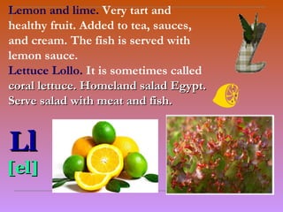 Lemon and lime. Very tart and
healthy fruit. Added to tea, sauces,
and cream. The fish is served with
lemon sauce.
Lettuce Lollo. It is sometimes called
coral lettuce. Homeland salad Egypt.
Serve salad with meat and fish.


Ll
[el]
 