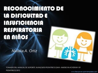 RECONOCIMIENTO DE
LA DIFICULTAD E
INSUFICIENCIA
RESPIRATORIA
EN NIÑOS
TOMADODEL MANUALDE SOPORTE AVANZADOPEDIATRICO(AHA- AMERICANACADEMY OF
PEDIATRICS) 2012
Natalia A. Ortiz
 