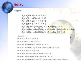 Solv.
Stage I :

        A0 = s(0) + s(4) = 1 + 1 = 2
        A1 = s(l) + s(5) = -1 + 1 =0
        A2 = s(2) + s(6) = -1 + 1 = 0
        A3 = s(3) + s(7) = -1 - 1 = -2
        A4 = [s(0)+(-1) s(4)] W80 = [1 + (-1) (1)] x 1 =0
        A5 = [s(1) + (-1) s(5)]W81 = [-1 + (-1)(1)]((1-j) /√2= - √2(l - j)
        A6 = [s(2) + (-1) s(6)]W82 = [-1 + (-1) x 1] (- j) =2j

        A7 = [s(3) + (-1) s(7)]W83 = [-1 + (-1)(-1)]{(-(1-j) /√2} = 0
 