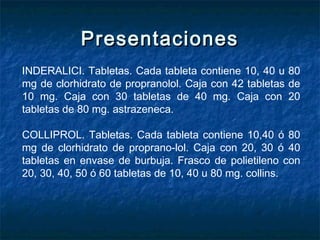 PresentacionesPresentaciones
INDERALICI. Tabletas. Cada tableta contiene 10, 40 u 80
mg de clorhidrato de propranolol. Caja con 42 tabletas de
10 mg. Caja con 30 tabletas de 40 mg. Caja con 20
tabletas de 80 mg. astrazeneca.
COLLIPROL. Tabletas. Cada tableta contiene 10,40 ó 80
mg de clorhidrato de proprano­lol. Caja con 20, 30 ó 40
tabletas en envase de burbuja. Frasco de polietileno con
20, 30, 40, 50 ó 60 tabletas de 10, 40 u 80 mg. collins.
 