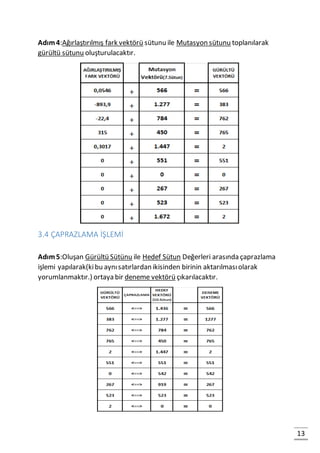 13
Adım4:Ağırlaştırılmış fark vektörü sütunu ile Mutasyon sütunu toplanılarak
gürültü sütunu oluşturulacaktır.
3.4 ÇAPRAZLAMA İŞLEMİ
Adım5:Oluşan Gürültü Sütünu ile Hedef Sütun Değerleri arasında çaprazlama
işlemi yapılarak(kibu aynısatırlardan ikisinden birinin aktarılmasıolarak
yorumlanmaktır.) ortaya bir deneme vektörü çıkarılacaktır.
 