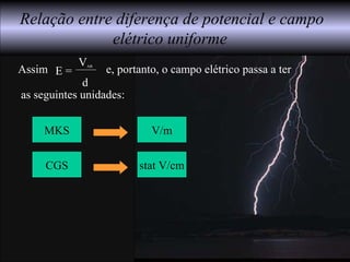 Relação entre diferença de potencial e campo
elétrico uniforme
MKS
CGS
V/m
stat V/cm
Assim e, portanto, o campo elétrico passa a ter
as seguintes unidades:
d
VAB
E =
 