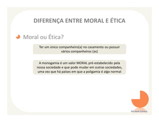 DIFERENÇA ENTRE MORAL E ÉTICA

Moral ou Ética?
      Ter um único companheiro(a) no casamento ou possuir
                    vários companheiros (as)


       A monogamia é um valor MORAL pré-estabelecido pela
     nossa sociedade e que pode mudar em outras sociedades,
      uma vez que há países em que a poligamia é algo normal




                                                               Ms Karla Carioca
 