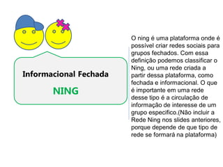 O ning é uma plataforma onde é
                        possível criar redes sociais para
                        grupos fechados. Com essa
                        definição podemos classificar o
                        Ning, ou uma rede criada a
Informacional Fechada   partir dessa plataforma, como
                        fechada e informacional. O que
       NING             é importante em uma rede
                        desse tipo é a circulação de
                        informação de interesse de um
                        grupo especifico.(Não incluir a
                        Rede Ning nos slides anteriores,
                        porque depende de que tipo de
                        rede se formará na plataforma)
 