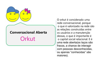 O orkut é considerado uma
                        rede conversacional, porque
                         o que é valorizado na rede são
                        as relações construídas entre
Conversacional Aberta   os usuários e a manutenção
                        dessas, o que é importante é
     Orkut               o capital social relacional. E é
                        uma rede aberta(os laços são
                        fracos, a chance de interagir
                        com pessoas desconhecidas,
                        ou apenas “conhecidas” são
                        maiores).
 