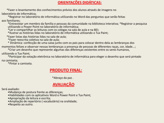 ORIENTAÇÕES DIDÁTICAS:       *Fazer o levantamento dos conhecimentos prévios dos alunos através de imagens nolaboratório de informática; *Registrar no laboratório de informática utilizando no Word das perguntas que serão feitasaos familiares; *Entrevistar um membro da família e pessoas da comunidade na biblioteca interativa; *Registrar a pesquisa utilizando o Power Point no laboratório de informática; *Ler e compartilhar as leituras com os colegas na sala de aula e na BEI; *Ilustrar as histórias lidas no laboratório de informática utilizando o Tux Paint;       *Fazer listas das histórias lidas na sala de aula; *Fazer reescrita coletiva na sala de aula; * Dinâmica: confecção de uma caixa junto com os pais para colocar dentro dela as lembranças dosmomentos felizes e observar nessas lembranças a presença de pessoas de diferentes raças, cor, idade...; *Criar um desenho que represente algumas das diferenças existentes entre os seres humanos,utilizando o Tux Paint; *Participar da votação eletrônica no laboratório de informática para eleger o desenho que será pintadona camiseta; *Pintar a camiseta. PRODUTO FINAL:                                                                       *Abraço da paz . AVALIAÇÃO Será avaliado: •Mudança de postura frente as diferenças; •Habilidades com os aplicativos Word e Power Point e Tux Paint; •Apropriação da leitura e escrita; •Ampliação de repertório ( vocabulário) na oralidade; •Respeito ao outro.
