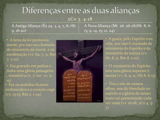 Diferenças entre as duas alianças 2Co 3. 4-18 A Nova Aliança (Mt  26. 26-28;Hb  8. 6-13; 9. 14, 15; 12. 24) A Antiga Aliança (Êx 24. 3, 4, 7, 8; Hb 9. 18-20) ,[object Object]